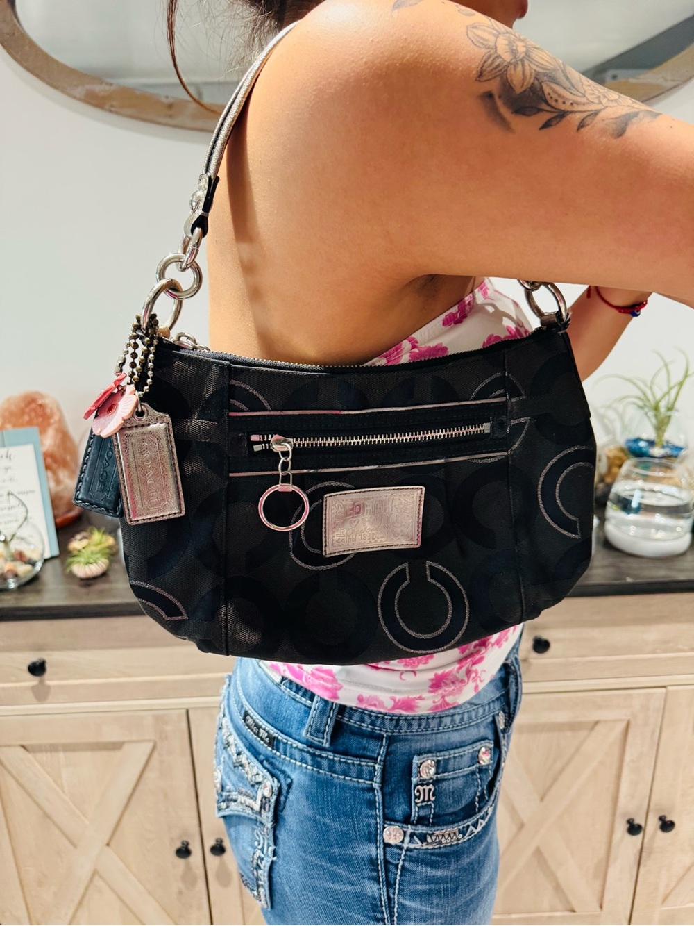 Rare Coach Poppy Y2K Glam Shoulder Bag Black Signature Silver Charm